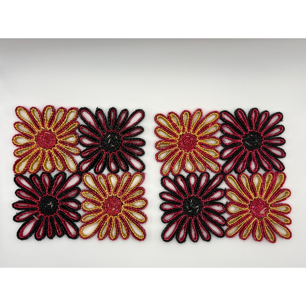 Vintage 70s‎ Straw Raffia Trivet Placemats Set of 2 Boho Flower Hot Pad Coasters
